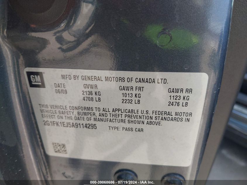 2010 Chevrolet Camaro 2Ss VIN: 2G1FK1EJ5A9114295 Lot: 39868686