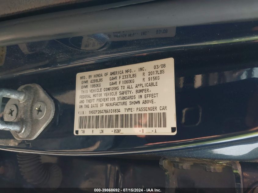 1HGCP26478A101834 | 2008 HONDA ACCORD