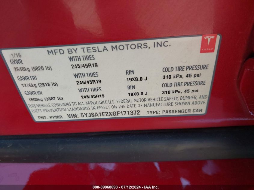 2016 Tesla Model S 60D/70D/75D/85D/90D VIN: 5YJSA1E2XGF171372 Lot: 39868693