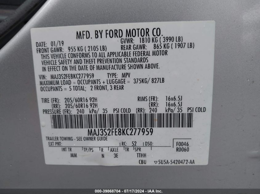 2019 FORD ECOSPORT S - MAJ3S2FE8KC277959