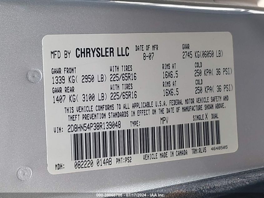 2008 Dodge Grand Caravan Sxt VIN: 2D8HN54P38R139048 Lot: 39868705