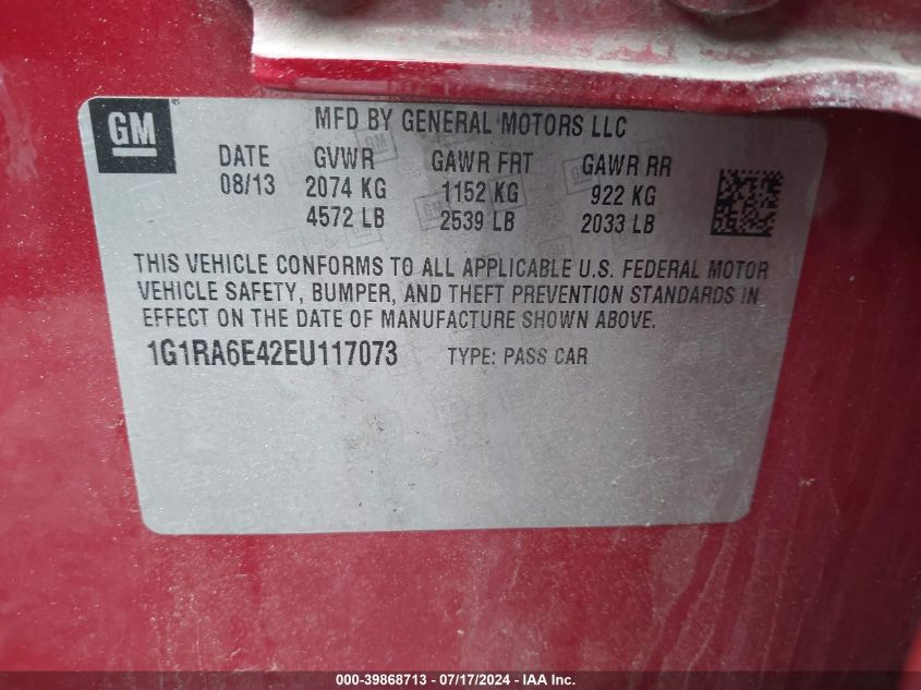 2014 Chevrolet Volt VIN: 1G1RA6E42EU117073 Lot: 39868713