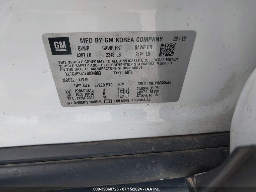 2020 Chevrolet Trax Awd Lt VIN: KL7CJPSB1LB034083 Lot: 39868725