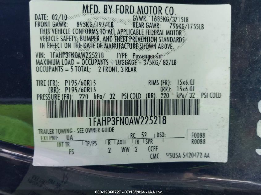 1FAHP3FN0AW225218 | 2010 FORD FOCUS