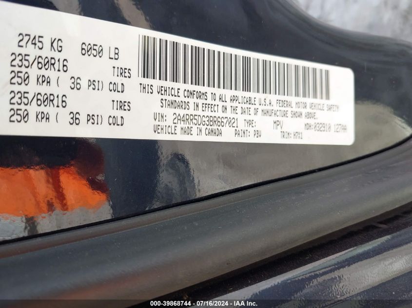 2011 Chrysler Town & Country Touring VIN: 2A4RR5DG3BR667021 Lot: 39868744