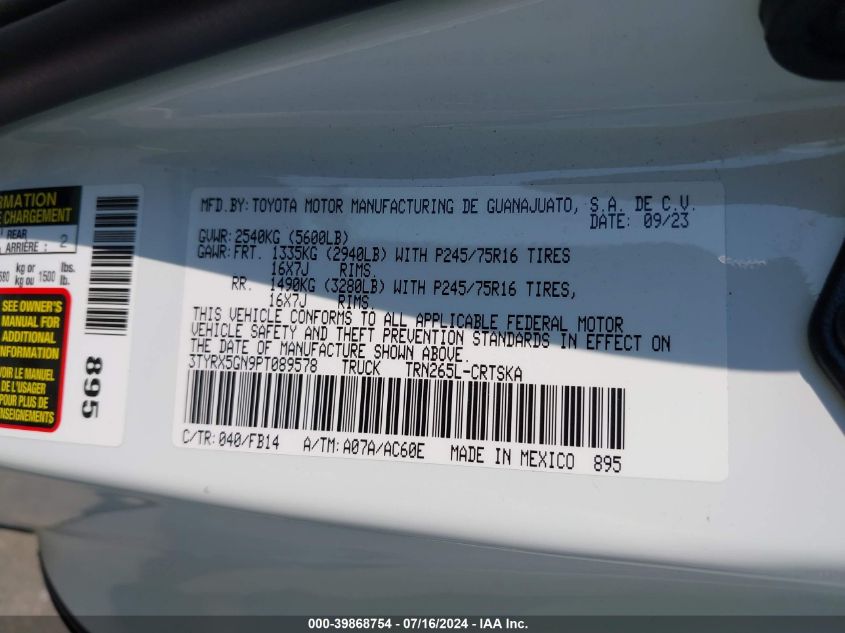 2023 Toyota Tacoma Sr VIN: 3TYRX5GN9PT089578 Lot: 39868754