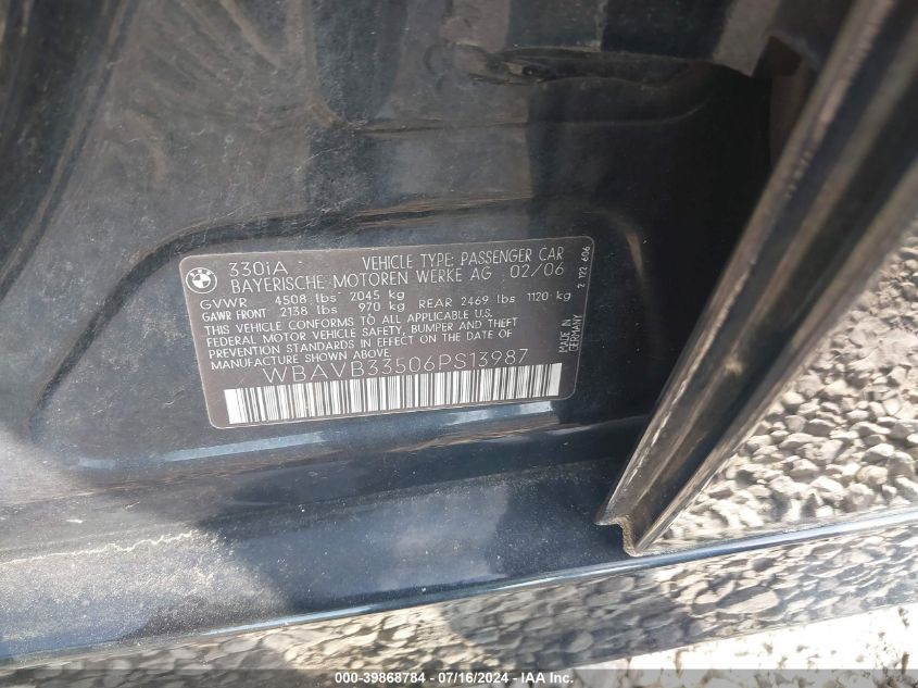 2006 BMW 330 I VIN: WBAVB33506PS13987 Lot: 39868784