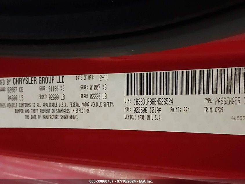 2011 Dodge Avenger Mainstreet VIN: 1B3BD1FB6BN526524 Lot: 39868787