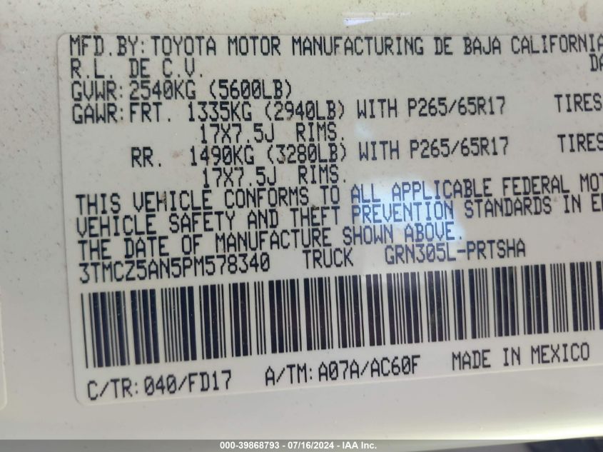 2023 Toyota Tacoma Trd Sport VIN: 3TMCZ5AN5PM578340 Lot: 39868793