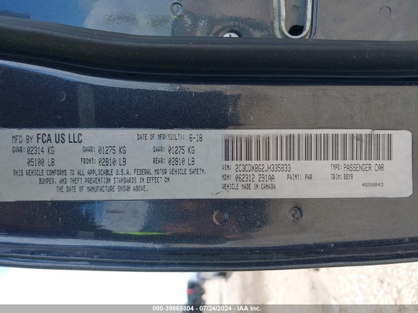 VIN 2C3CDXBG2JH335833 2018 DODGE CHARGER SXT RWD
