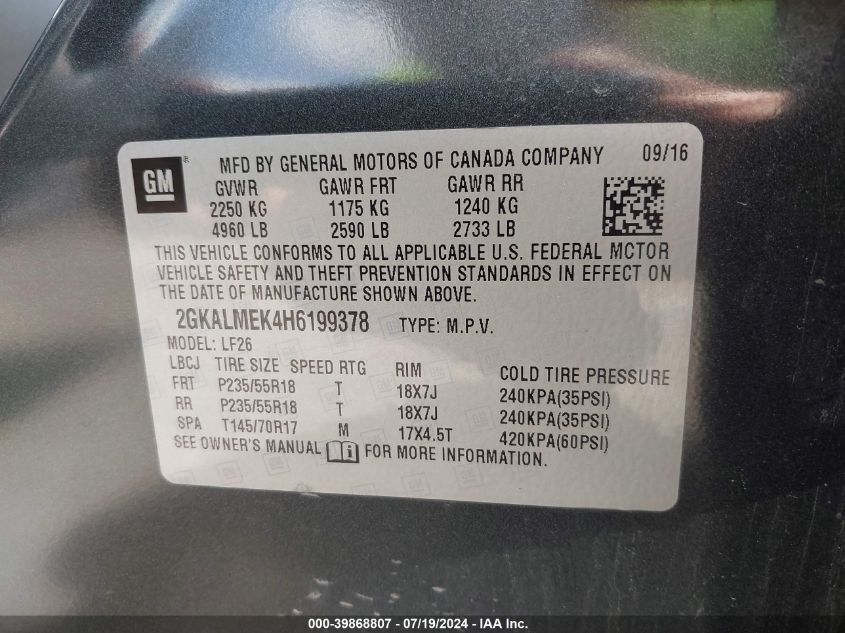 2017 GMC Terrain Sle-1 VIN: 2GKALMEK4H6199378 Lot: 39868807