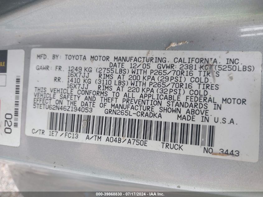 2006 Toyota Tacoma Prerunner Access Cab VIN: 5TETU62N46Z194053 Lot: 39868830