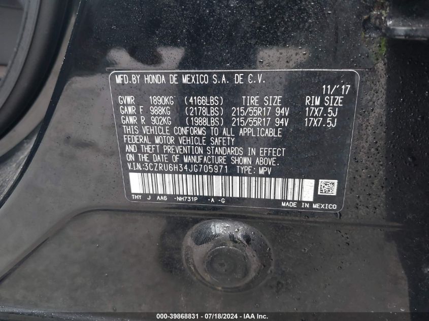 2018 Honda Hr-V Lx VIN: 3CZRU6H34JG705971 Lot: 39868831