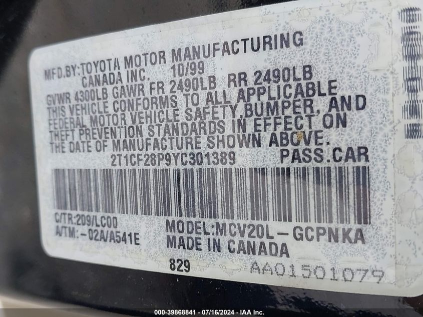 2T1CF28P9YC301389 2000 Toyota Camry Solara Sle V6