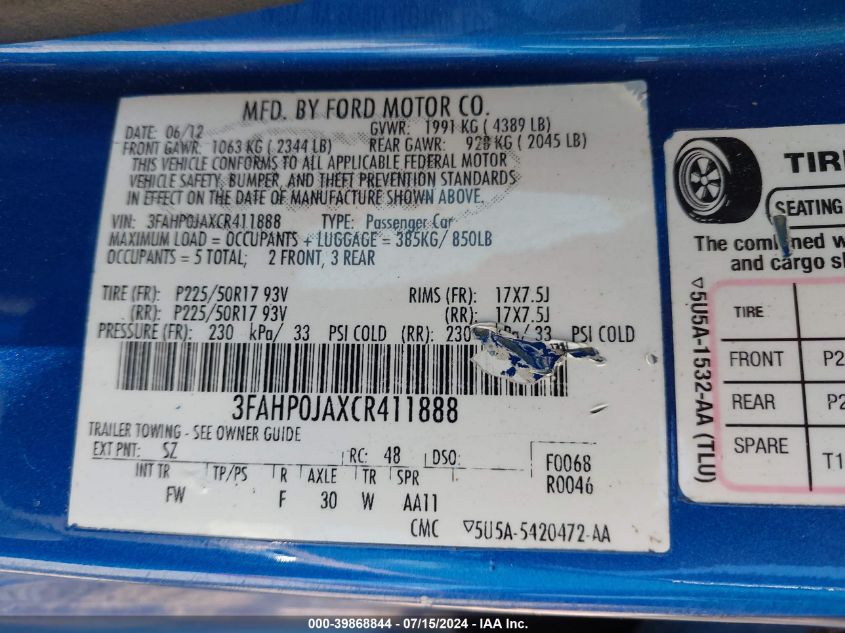 2012 Ford Fusion Sel VIN: 3FAHP0JAXCR411888 Lot: 39868844