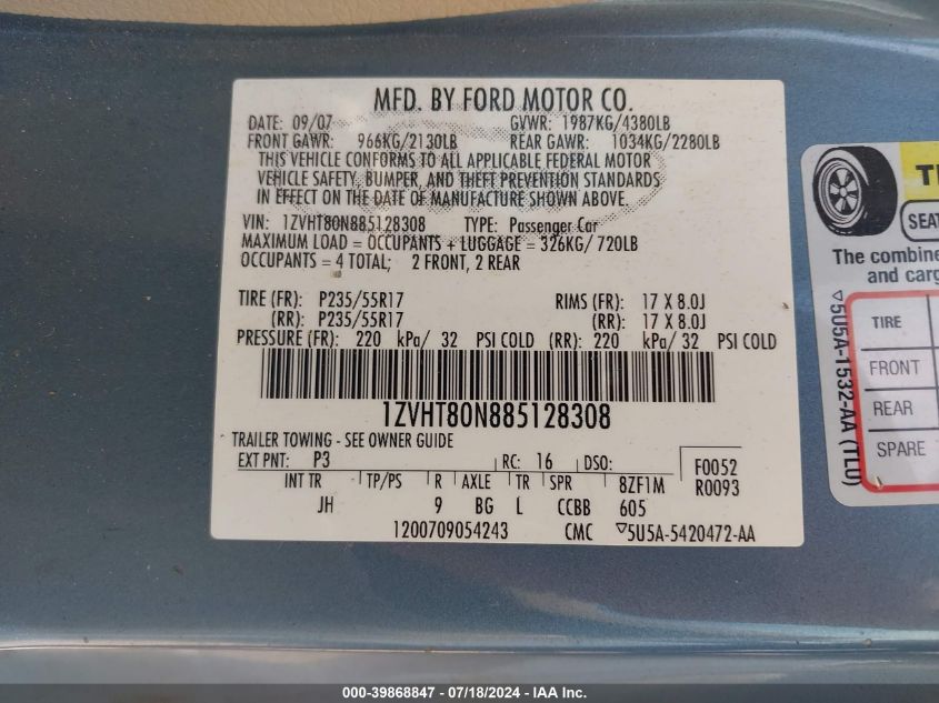 2008 Ford Mustang VIN: 1ZVHT80N885128308 Lot: 39868847