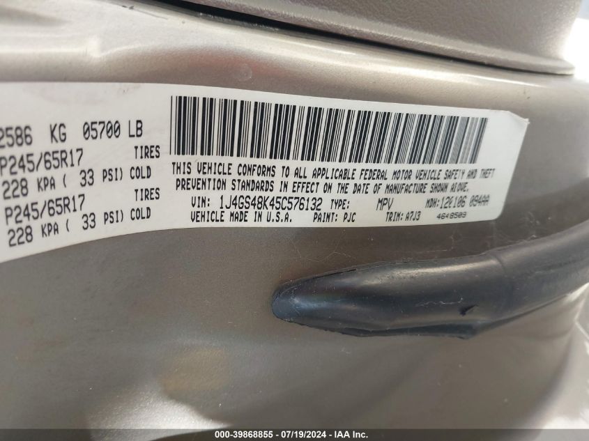 2005 Jeep Grand Cherokee Laredo VIN: 1J4GS48K45C576132 Lot: 39868855