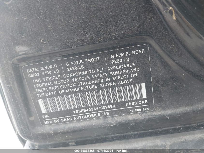 YS3FB49S641009598 2004 Saab 9-3 Linear