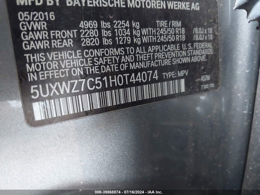 2017 BMW X3 Sdrive28I VIN: 5UXWZ7C51H0T44074 Lot: 39868874