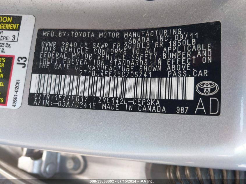 2011 Toyota Corolla S VIN: 2T1BU4EE2BC705741 Lot: 39868882