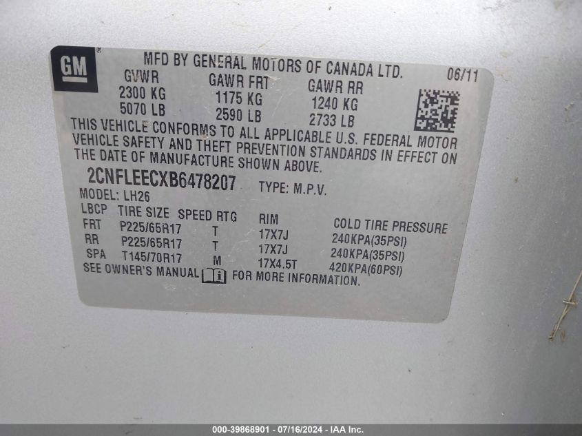 2011 Chevrolet Equinox 1Lt VIN: 2CNFLEECXB6478207 Lot: 39868901