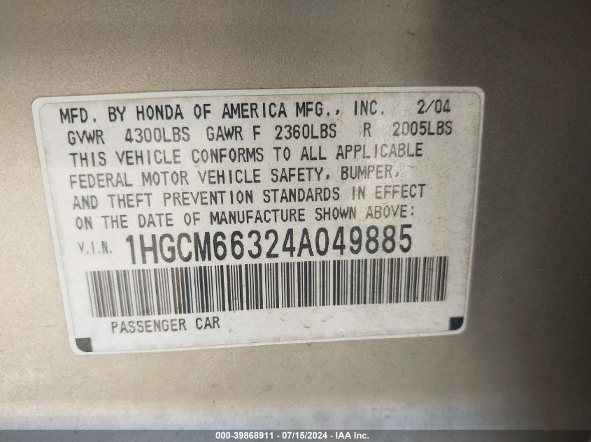 2004 Honda Accord 3.0 Lx VIN: 1HGCM66324A049885 Lot: 39868911
