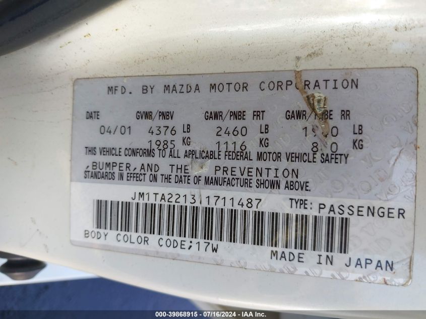 2001 Mazda Millenia P (Premium) VIN: JM1TA221311711487 Lot: 39868915