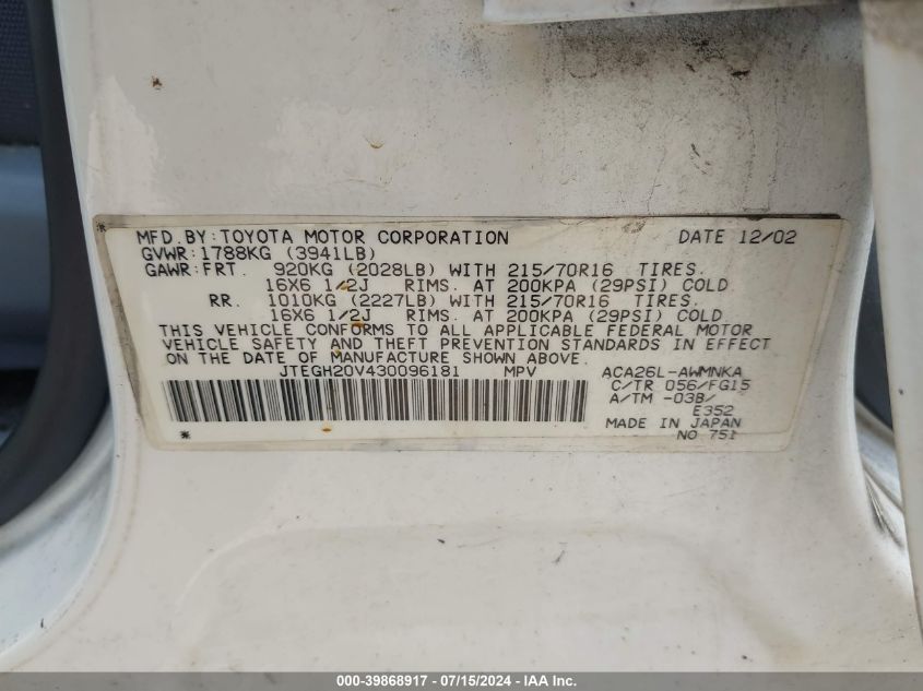 2003 Toyota Rav4 VIN: JTEGH20V430096181 Lot: 39868917