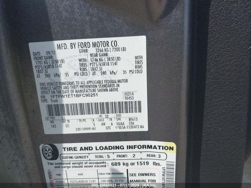 2011 Ford F-150 Xlt VIN: 1FTFW1ET1BFC90251 Lot: 39868921