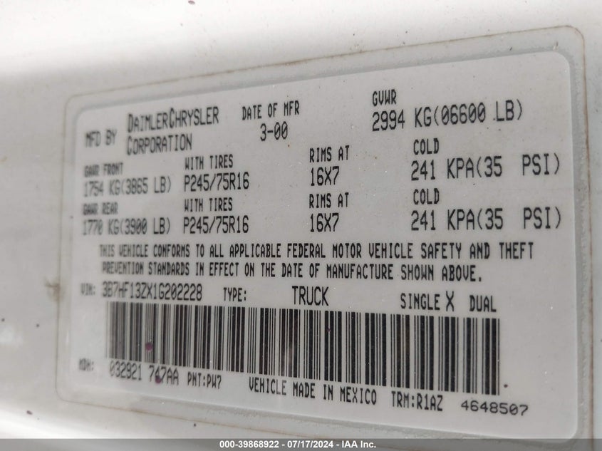 2001 Dodge Ram 1500 VIN: 3B7HF13ZX1G202228 Lot: 39868922