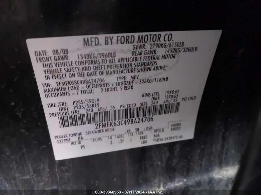 2009 Ford Flex Limited VIN: 2FMEK63C49BA24706 Lot: 39868953