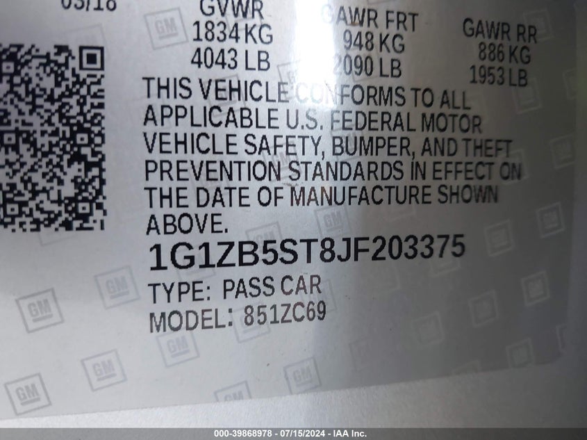 2018 Chevrolet Malibu 1Ls VIN: 1G1ZB5ST8JF203375 Lot: 39868978