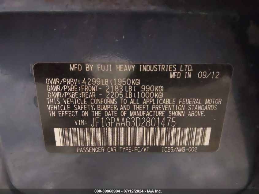 2013 Subaru Impreza 2.0I VIN: JF1GPAA63D2801475 Lot: 39868984