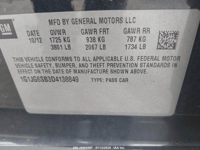 1G1JG6SB3D4138849 | 2013 CHEVROLET SONIC