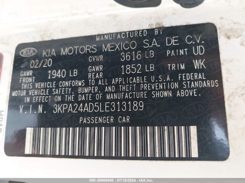 3KPA24AD5LE313189 | 2020 KIA RIO