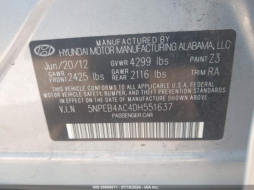 2013 HYUNDAI SONATA GLS - 5NPEB4AC4DH551637