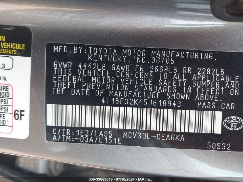 4T1BF32K45U618943 2005 Toyota Camry Xle V6