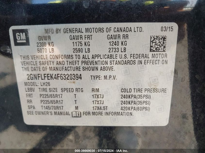 2015 Chevrolet Equinox 1Lt VIN: 2GNFLFEK4F6320394 Lot: 39869030