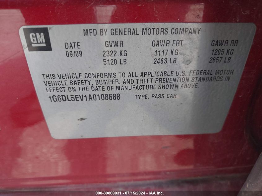 2010 Cadillac Cts Standard VIN: 1G6DL5EV1A0108688 Lot: 39869031