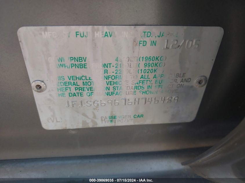 2006 Subaru Forester 2.5Xt Limited VIN: JF1SG69676H746489 Lot: 39869035