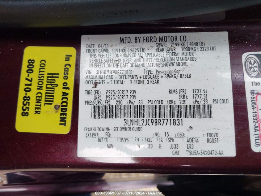 2011 Lincoln Mkz VIN: 3LNHL2JC9BR771831 Lot: 39869037