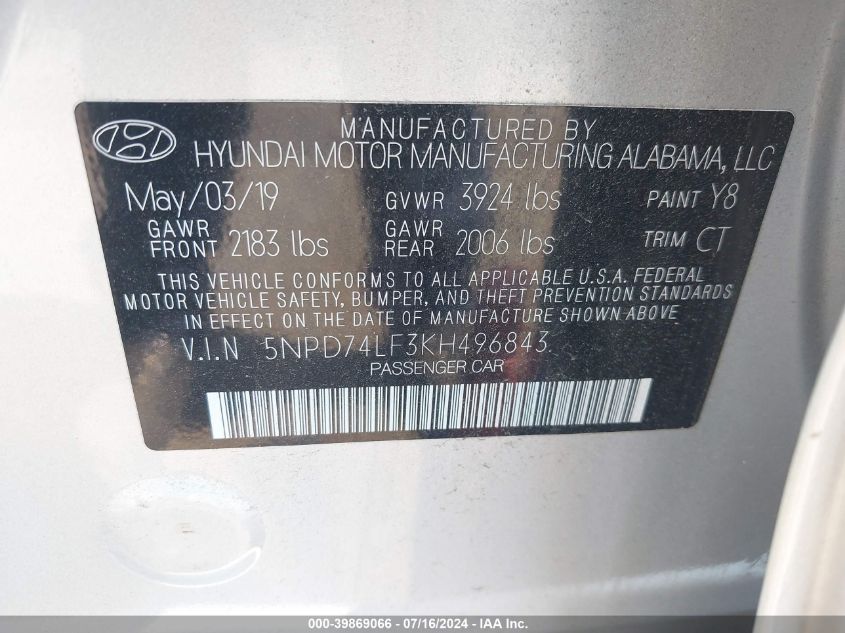 2019 HYUNDAI ELANTRA SE - 5NPD74LF3KH496843