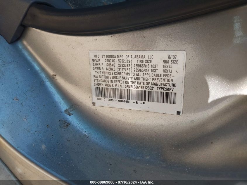 2007 Honda Odyssey Exl VIN: 5FNRL38617B123021 Lot: 39869068