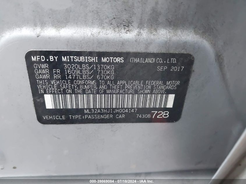 2018 Mitsubishi Mirage Es VIN: ML32A3HJ1JH004147 Lot: 39869084