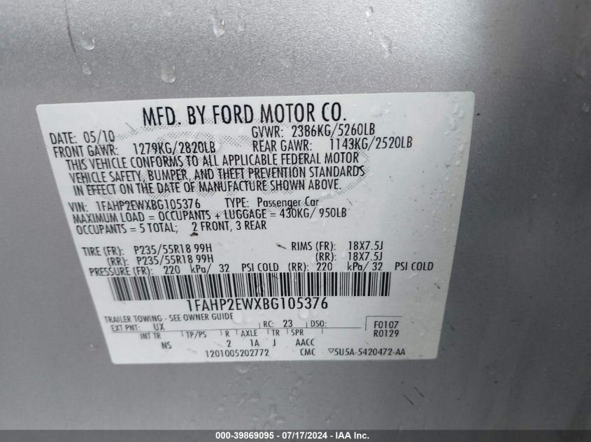 2011 Ford Taurus Sel VIN: 1FAHP2EWXBG105376 Lot: 39869095