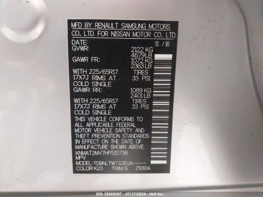 2017 Nissan Rogue Sv VIN: KNMAT2MV7HP515738 Lot: 39869097