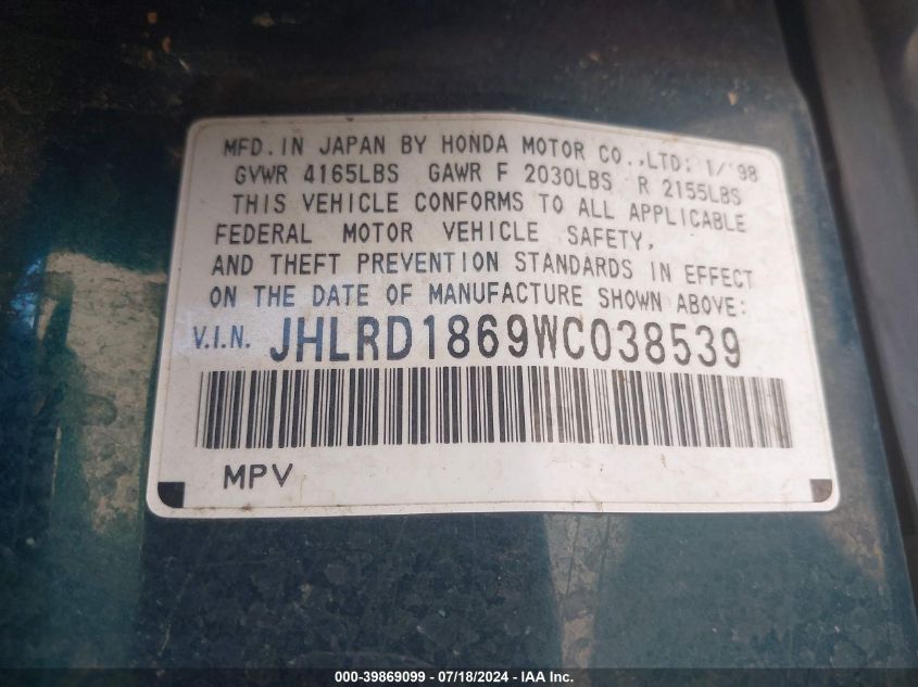1998 Honda Cr-V Ex VIN: JHLRD1869WC038539 Lot: 39869099