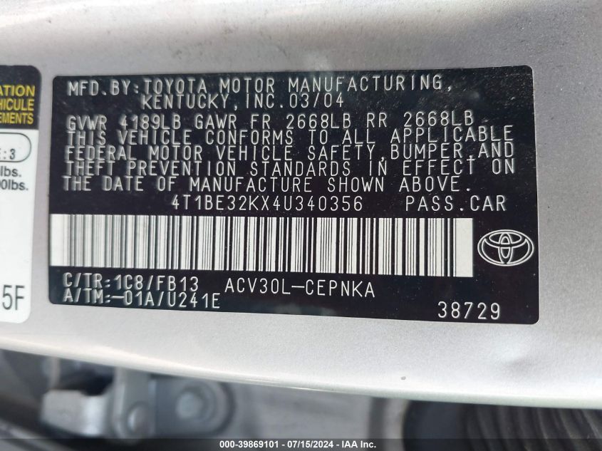 2004 Toyota Camry Le VIN: 4T1BE32KX4U340356 Lot: 39869101