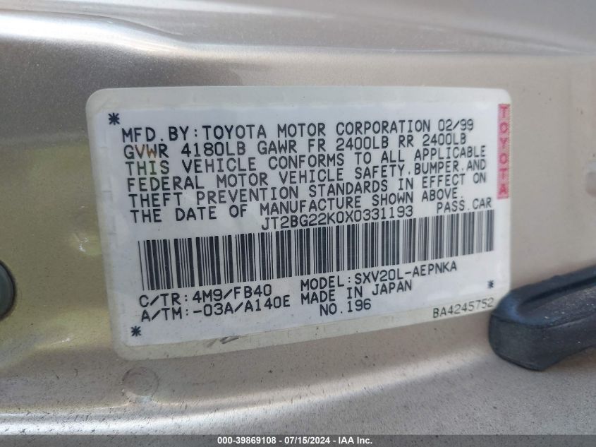 1999 Toyota Camry Le VIN: JT2BG22K0X0331193 Lot: 39869108