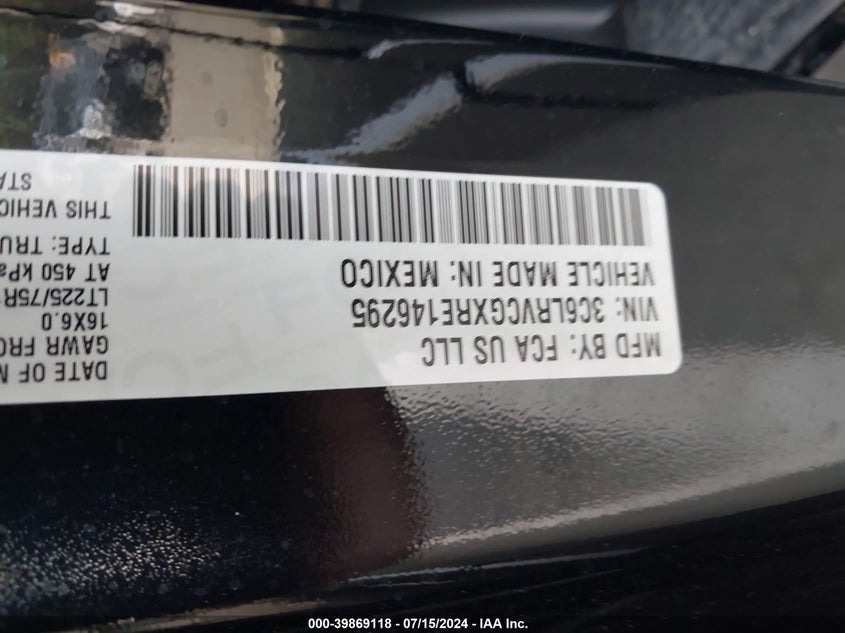 2024 Ram Promaster 2500 Tradesman High Roof 136 Wb W/Pass Seat VIN: 3C6LRVCGXRE146295 Lot: 39869118